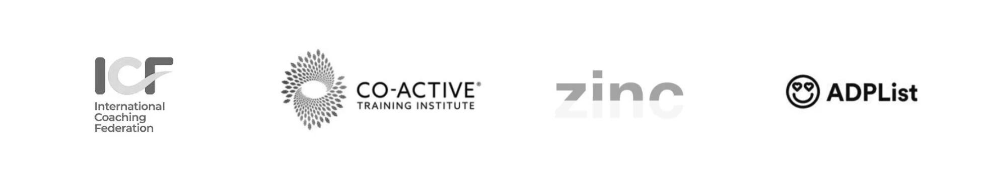 Company logos for ICF, Co-active, Zinc and ADPList Company logos for ICF, Co-active, Zinc and ADPList